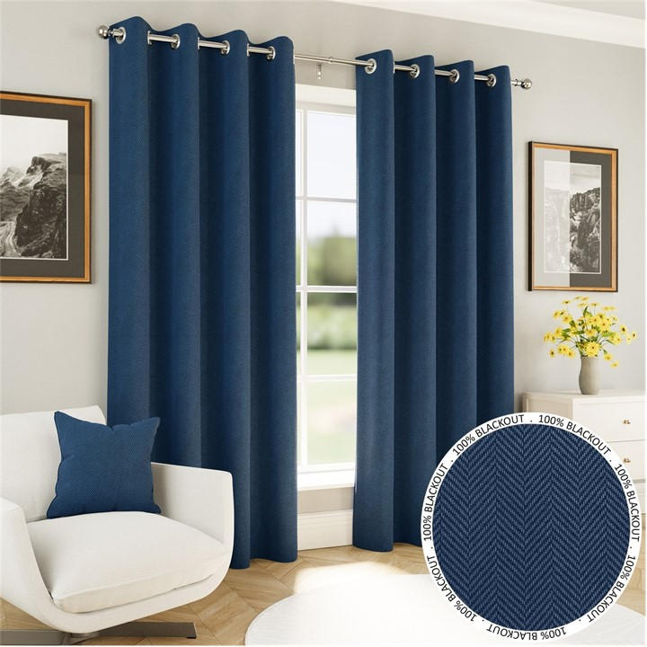 Enhanced Living  Blue Chester 100% Blackout Herringbone Eyelet Curtains, Sports Direct