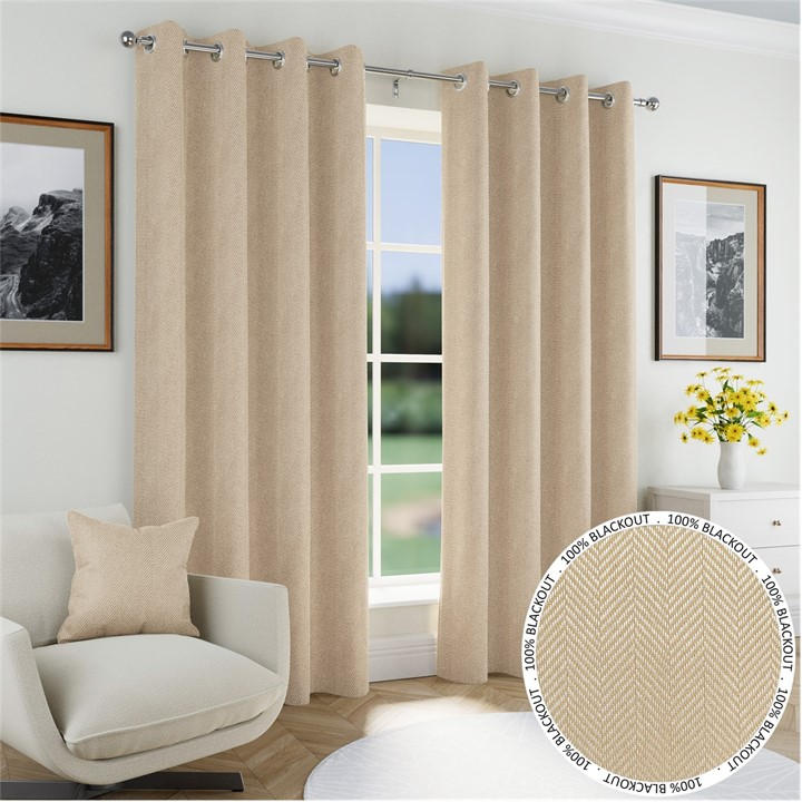 Enhanced Living  Beige Chester 100% Blackout Herringbone Eyelet Curtains in Size H, Sports Direct