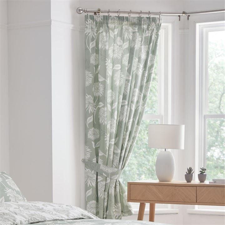 Dreams And Drapes  Green Chrysanthemum Pencil Pleat Curtains In Blue in Size 66x72 Inch, Sports Direct