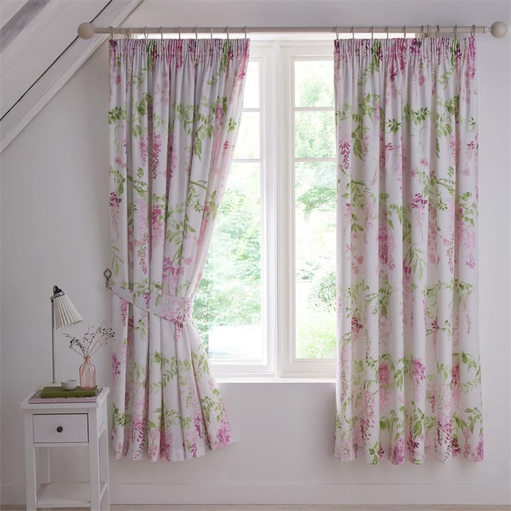 Dreams And Drapes  Pink Wisteria Pencil Pleat Curtains With Tie-Backs in Size 66x72 Inch, Sports Direct