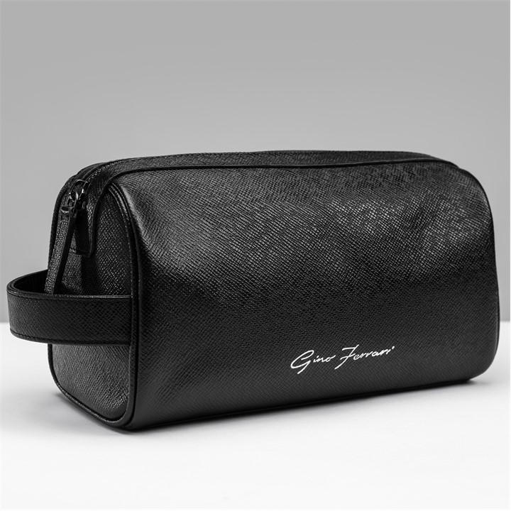 Gino Ferrari Men's Black Embossed Travel Leather Washbag Internal Pocket, Sports Direct