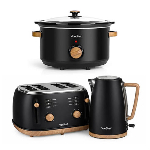 VonShef - Fika Black 3.5L Slow Cooker Kettle & Toaster Set