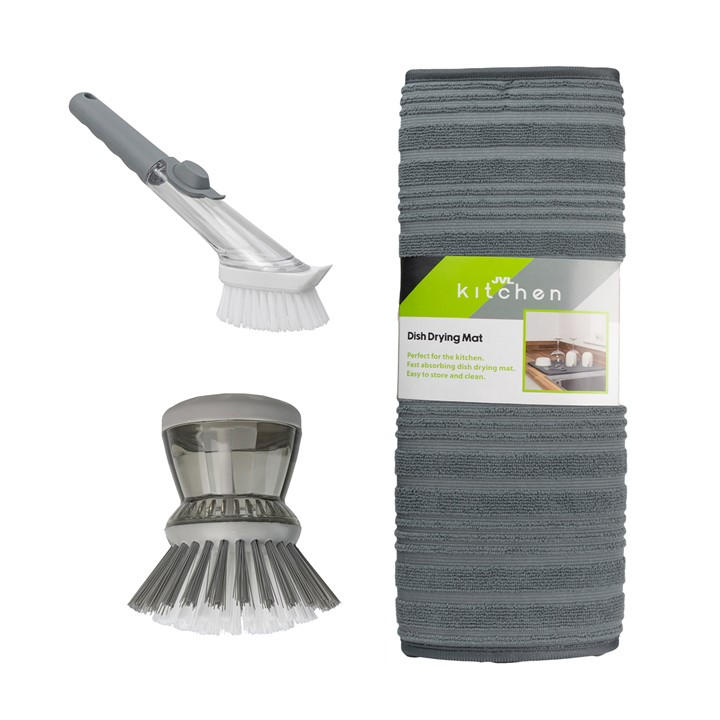 Jvl  Grey Sesha Dish Drying Mat & Cleaning Brush Bundle in Size Individual, Sports Direct