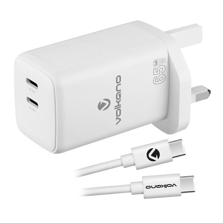 Volkano  White 65W Gan Pd & Qc Dual Usb Charger & Cable, Sports Direct