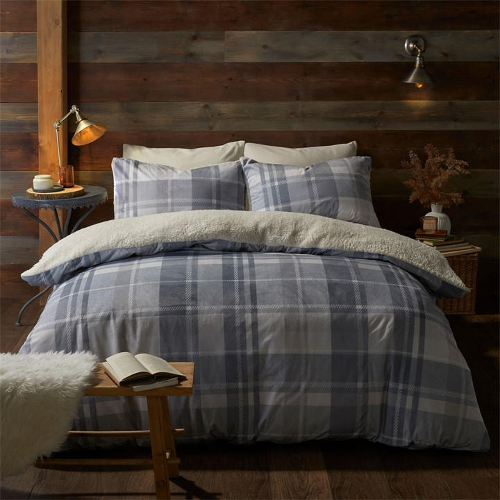Fusion Unisex Grey Check And Reverse Sherpa Fleece Duvet Cover King