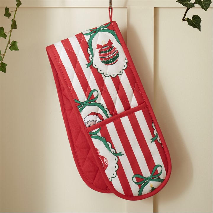 Catherine Lansfield  Red Christmas Vintage Stripe Kitchen Double Oven Glove in Size 18x88cm, Sports Direct