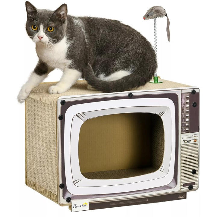 Pawhut Unisex Brown Tv-Shaped Scratching Board With Scratcher