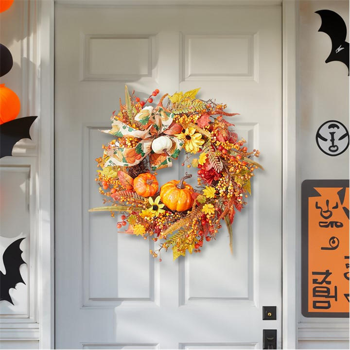 Life Ideas Unisex Orange,Yellow Halloween Artificial Pumpkin Maple Leaves Wreath