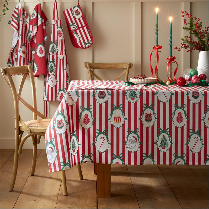 Catherine Lansfield Unisex Red 'Christmas Vintage Stripe' Cotton Table Cloth In | Size: 137 Cm X 178 Cm - Image 5