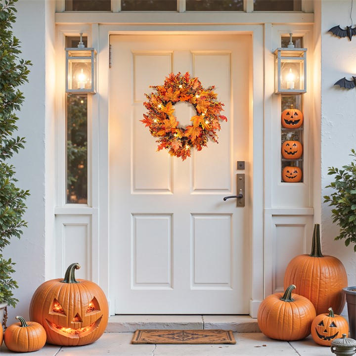 Life Ideas  Orange Lighted Maple Leaves Rattan Wreath, Sports Direct