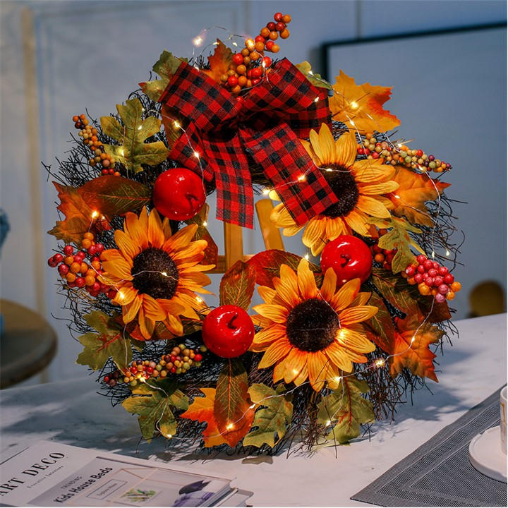 Life Ideas Unisex Orange Wreath With Artificial Maple Leaves And Sunflowers