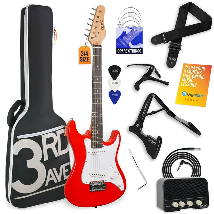Normans Musical Instruments Red 3Rd Avenue 3/4 Size Electric Guitar Kit With 5W Amp Cable Stand Gig Bag Strap Spare Strings Picks Capo - Image 3