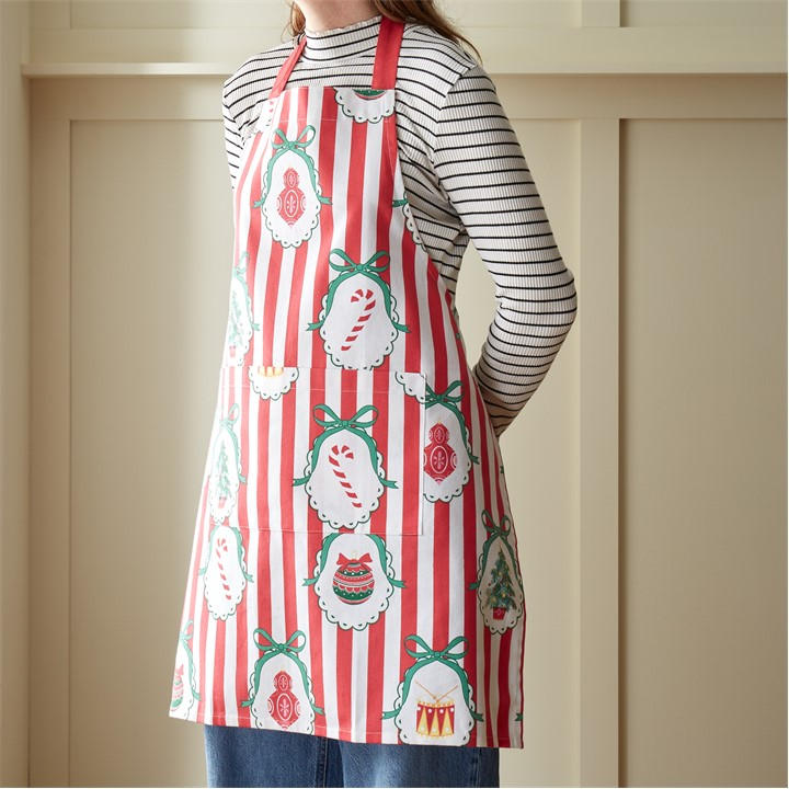 Catherine Lansfield 'Christmas Vintage Stripe' Cotton Kitchen Adult Apron in Red - Image 3