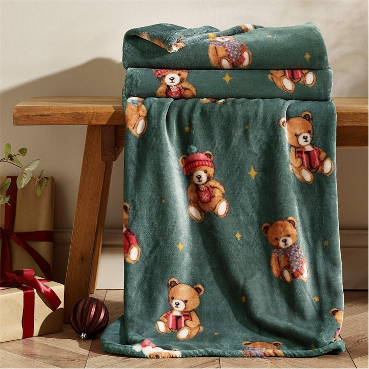 Catherine Lansfield  Green Christmas Tartan Teddy Bear Fleece Blanket Throw, Sports Direct
