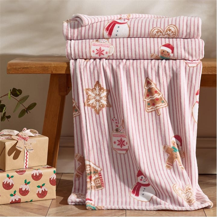Catherine Lansfield  Beige Christmas Gingerbread Stripe Cosy Blanket Throw, Sports Direct