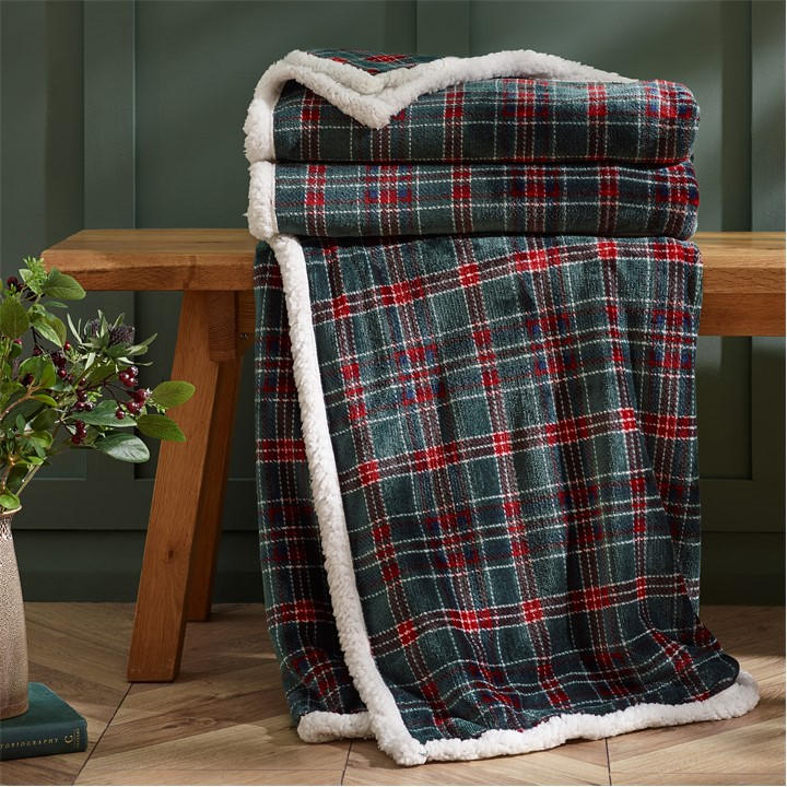 Catherine Lansfield  Green Tartan Sherpa Check Cosy Fleece Blanket Throw, Sports Direct