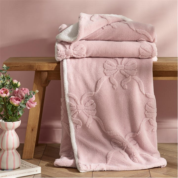 Catherine Lansfield Pink Carved Bow Cosy Fleece Blanket Throw, Sports Direct
