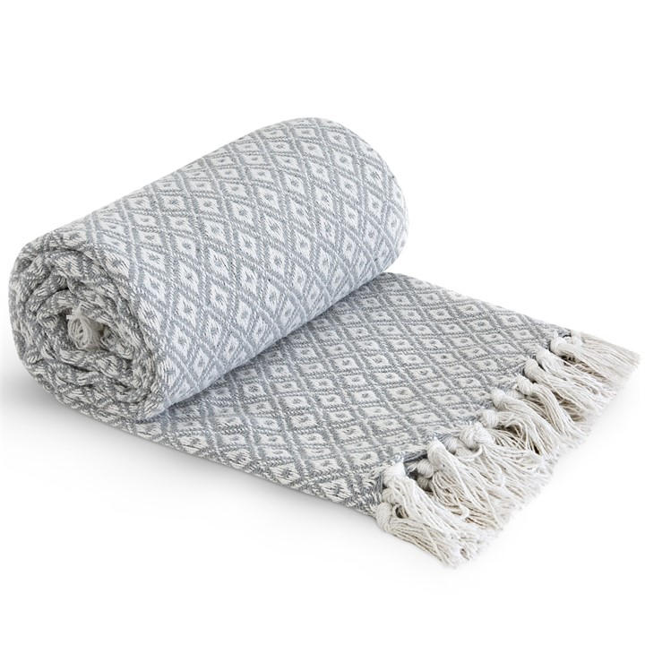 Emma Barclay  Silver Throw Blanket Cotton Geometric Casablanca in Size 229x254cm, Sports Direct