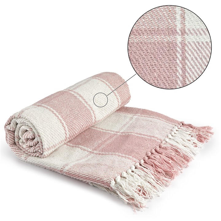 Emma Barclay  Pink Throw Blanket Cotton Check Design Frisco in Size 125x150cm, Sports Direct