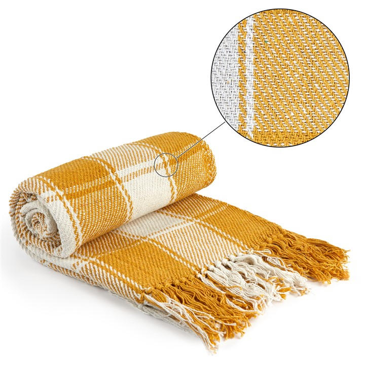 Emma Barclay  Yellow Throw Blanket Cotton Check Design Frisco in Size 125x150cm, Sports Direct