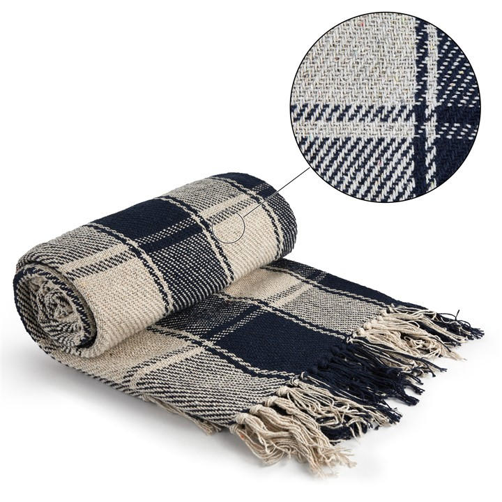 Emma Barclay  Blue Throw Blanket Cotton Check Design Frisco in Size 125x150cm, Sports Direct
