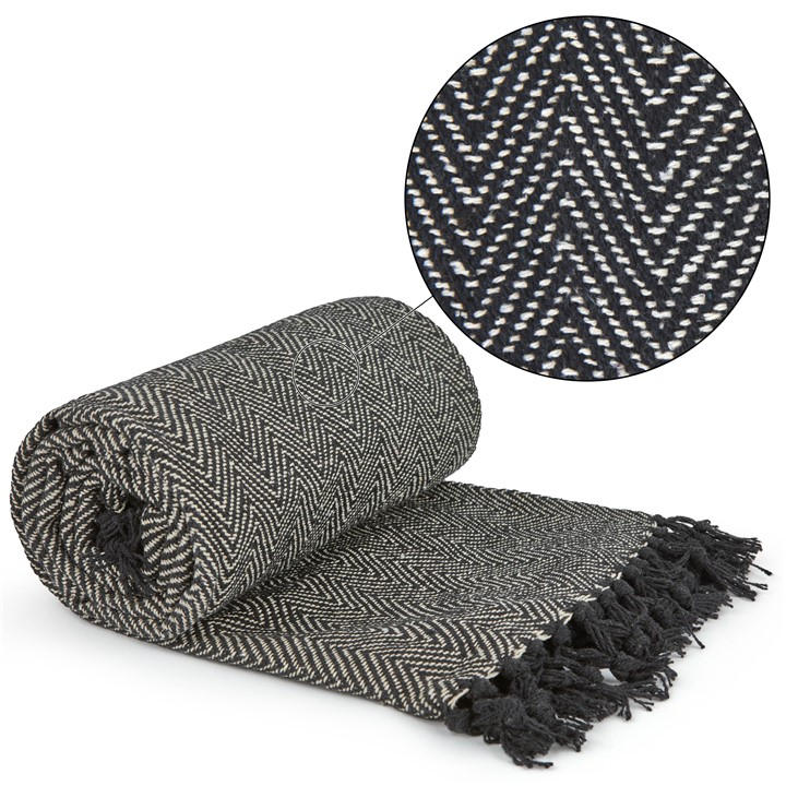 Emma Barclay  Black Throw Blanket Cotton Woven Herringbone in Size 229x254cm, Sports Direct