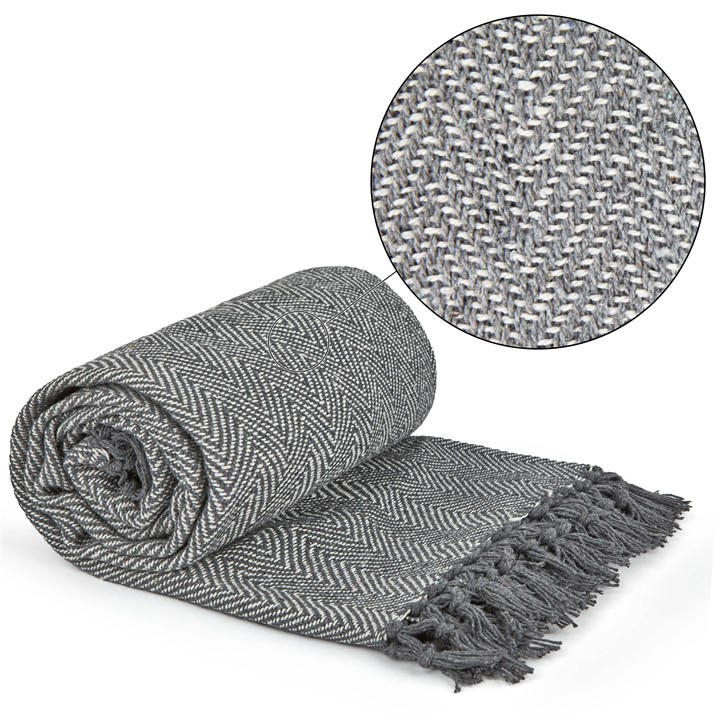 Emma Barclay  Silver Throw Blanket Cotton Woven Herringbone in Size 229x254cm, Sports Direct