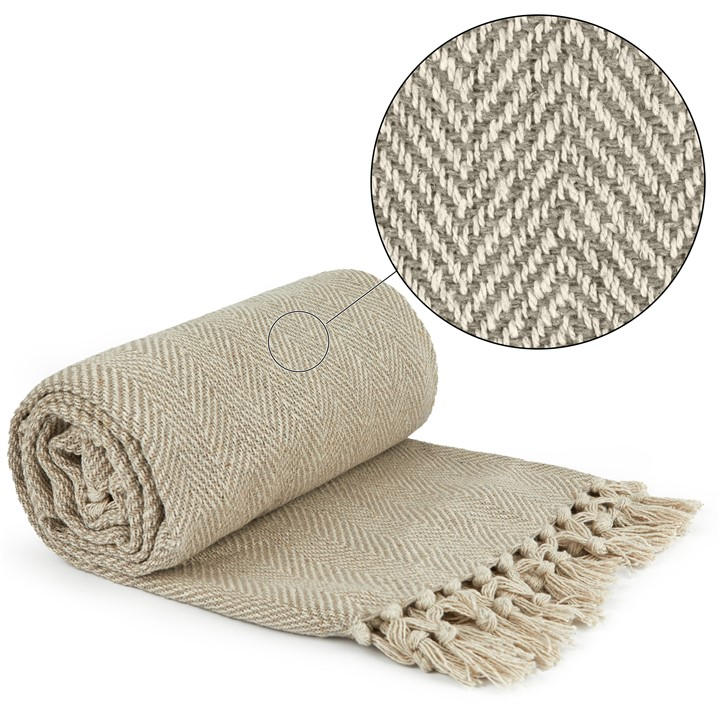 Emma Barclay  Cream Throw Blanket Cotton Woven Herringbone in Size 229x254cm, Sports Direct