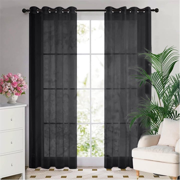 Alan Symonds  Black Plain Voile Ring Top Pairs in Size 142x137cm, Sports Direct