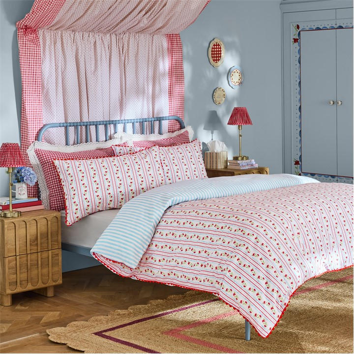 Cath Kidston Treasure Floral Stripe Cotton Duvet Cover Set - Red / Navy - Super King - Image 5