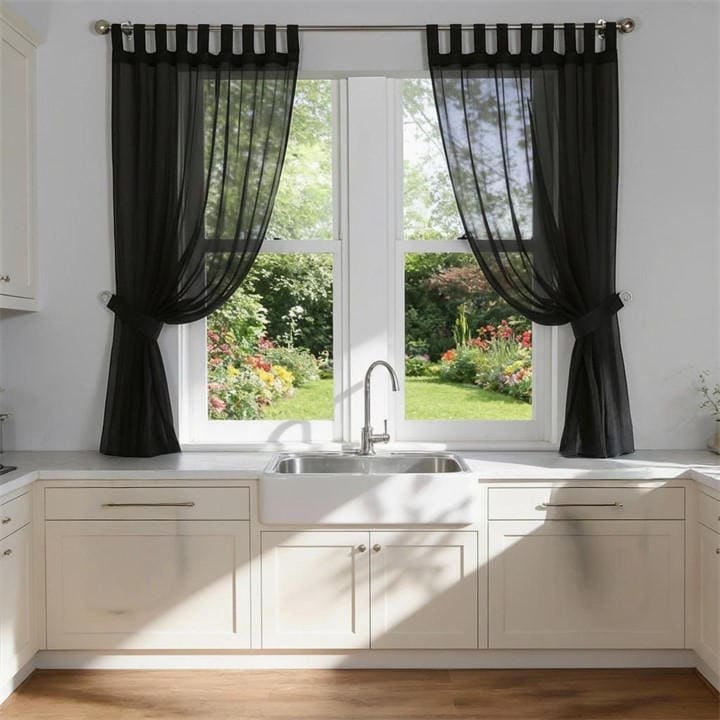 Alan Symonds  Black Plain Tab Top Voile Pairs And Decorative Tie Backs in Size 142x137cm, Sports Direct