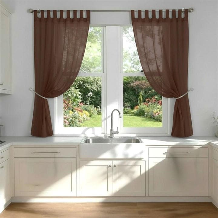 Alan Symonds  Brown Plain Tab Top Voile Pairs And Decorative Tie Backs in Size 142x137cm, Sports Direct