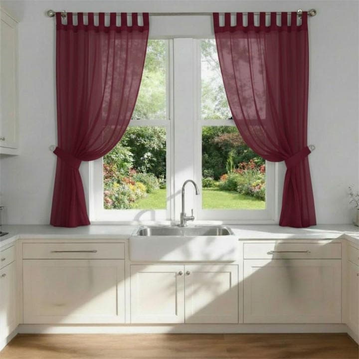 Alan Symonds  Red Plain Tab Top Voile Pairs And Decorative Tie Backs in Size 142x137cm, Sports Direct