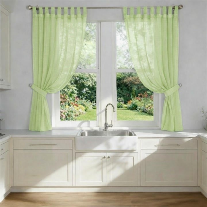 Alan Symonds  Green Plain Tab Top Voile Pairs And Decorative Tie Backs in Size 142x137cm, Sports Direct