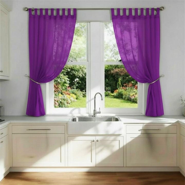 Alan Symonds  Purple Plain Tab Top Voile Pairs And Decorative Tie Backs in Size 142x137cm, Sports Direct