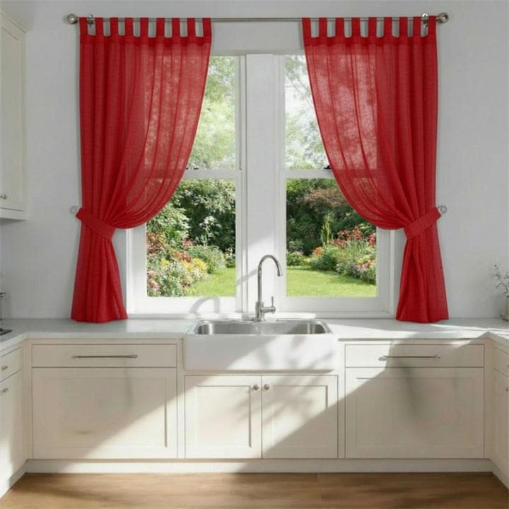 Alan Symonds  Red Plain Tab Top Voile Pairs And Decorative Tie Backs in Size 142x137cm, Sports Direct