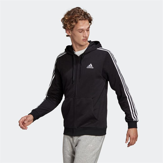 Black / White - adidas - Essentials French Terry 3-Stripes Full-Zip Hoodie