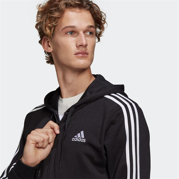 Black / White - adidas - Essentials French Terry 3-Stripes Full-Zip Hoodie
