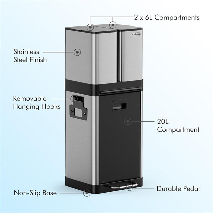 Vonhaus  Silver Triple Recycling Bin 32L For Kitchen, Sports Direct