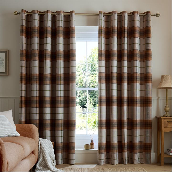 B&Q - Brushed Woven Glencoe Check Thermal 46X54 Inch Eyelet Curtains Two Panels Terracotta - Image 3