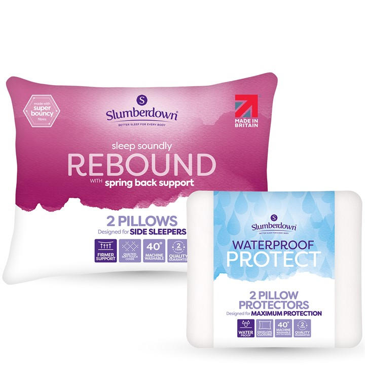 Slumberdown  White Rebound Pillows & Waterproof 2 Pack Protector in Size L, Sports Direct