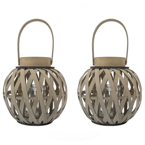 JVL - Luna Natural Round Wood Lantern With Handle -