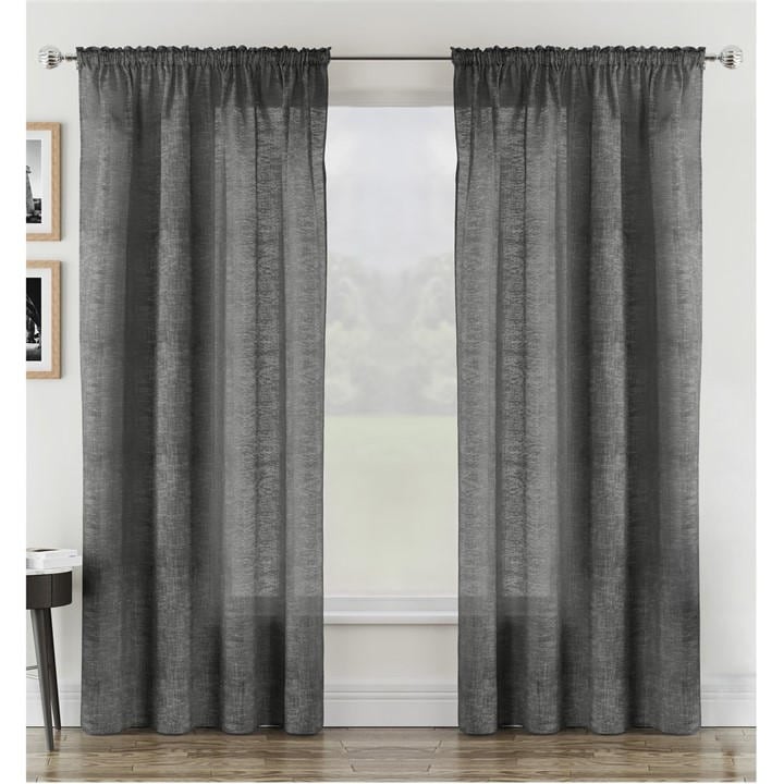 Tyrone Textiles  Black Rhodes Linen-Look Sheer Voile Panels - Pair in Size 140x122cm, Sports Direct