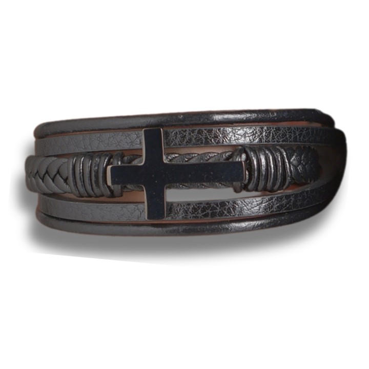 Aye Do Gifts Men's Black Leather Cross Bracelet, Sports Direct