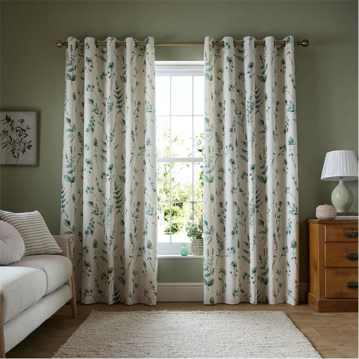 Catherine Lansfield  Natural / Green Watercolour Leaves Lined Eyelet Curtains in Size 45x54, Sports Direct