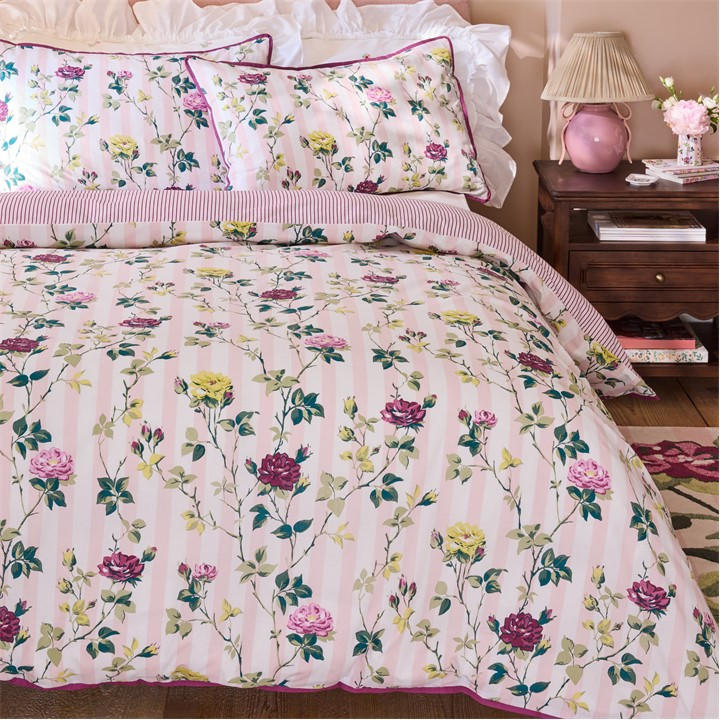 Cath Kidston  Pink Climbing Rose Stripe Cotton Duvet Cover Set in Size King, Sports Direct