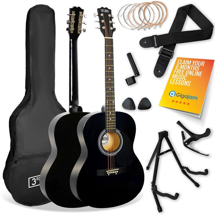 3Rd Avenue  Black Full Size Acoustic Guitar Premium Pack in Size 60cm, Sports Direct