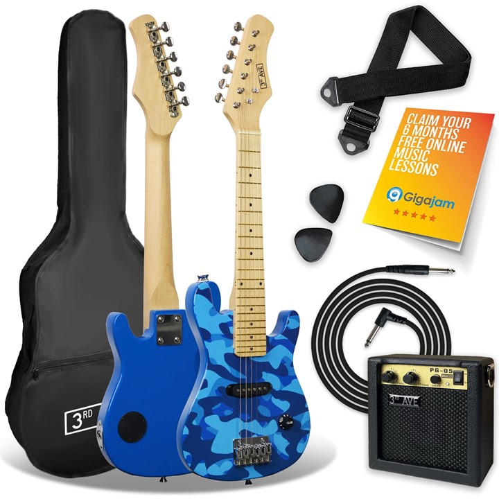 3rd Avenue Blue Camo Junior Electric Guitar Set - Maple Neck - Single Coil Pickup - Includes Amp, Gig Bag, Strap, Picks - Image 5