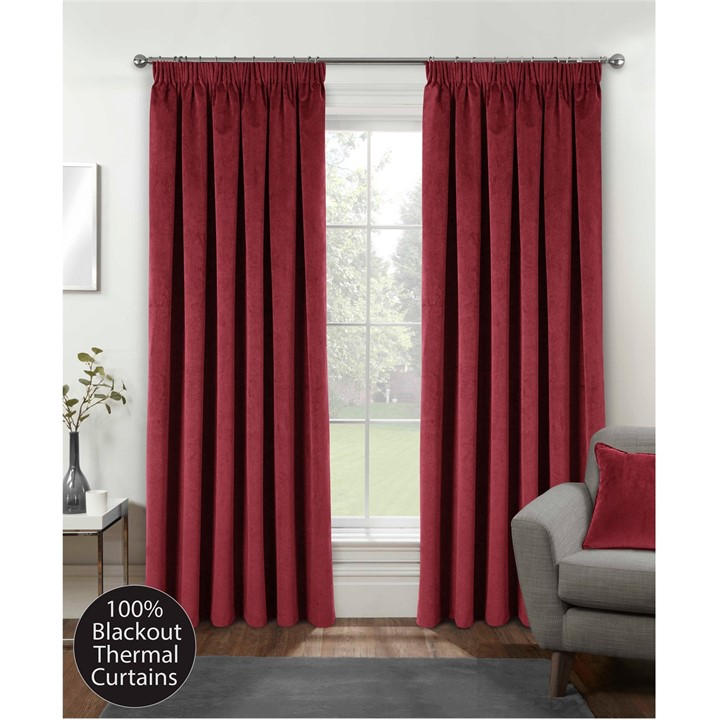 Enhanced Living  Red Oxford Velvet 100% Blackout Tape Top Curtains, Sports Direct