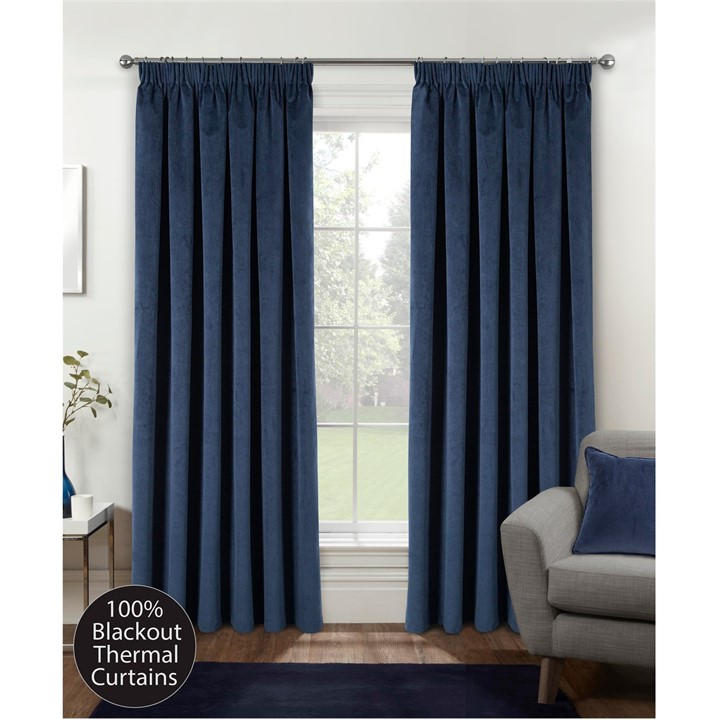 Enhanced Living  Blue Oxford Velvet 100% Blackout Tape Top Curtains, Sports Direct